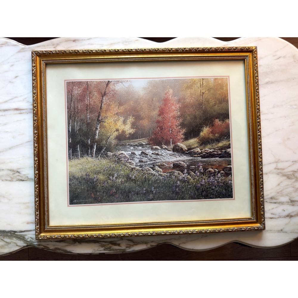 Vintage 1996 T.C. Chiu Autumn Creek Landscape Print Ornate Gold Frame